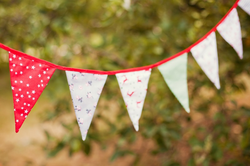 Bunting hung outside in garden