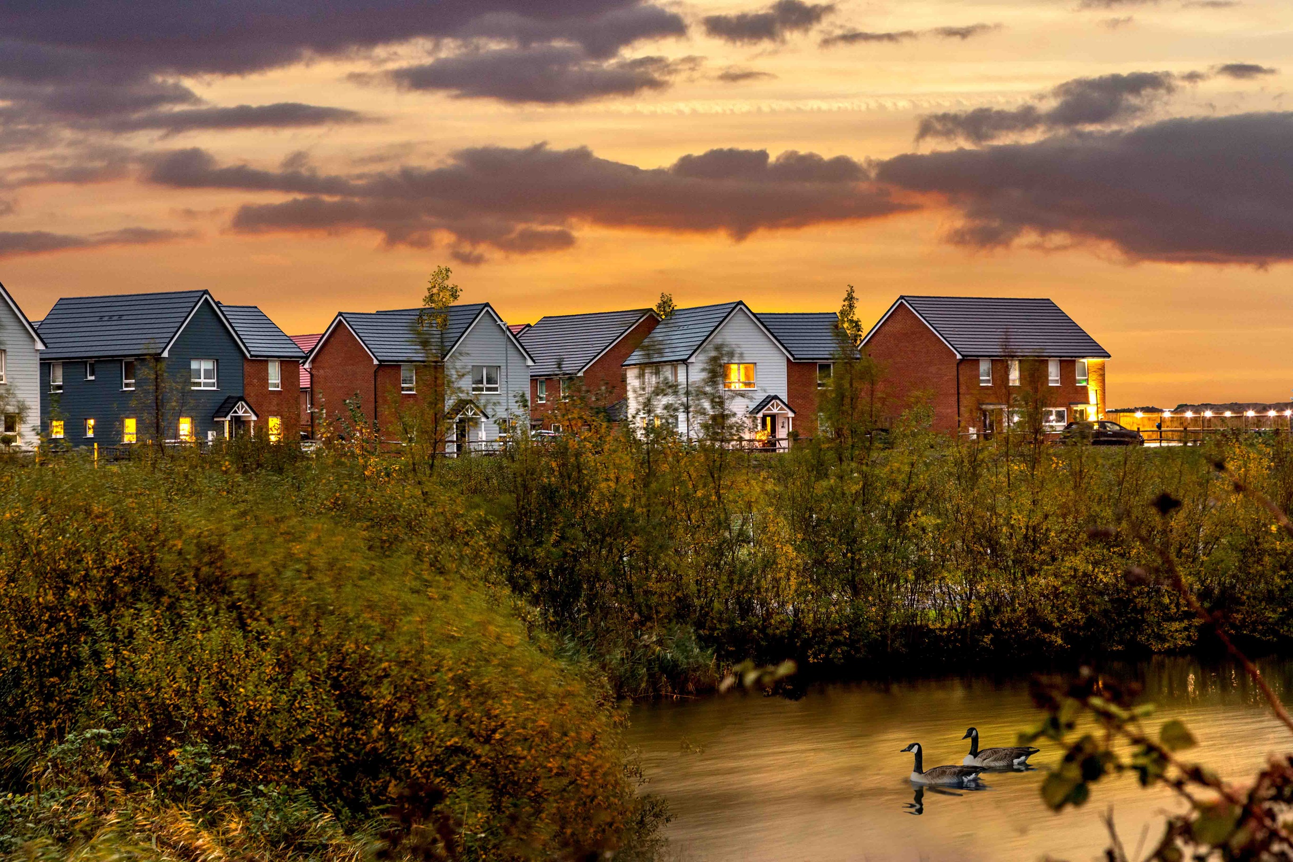 Dusk street scene by lake