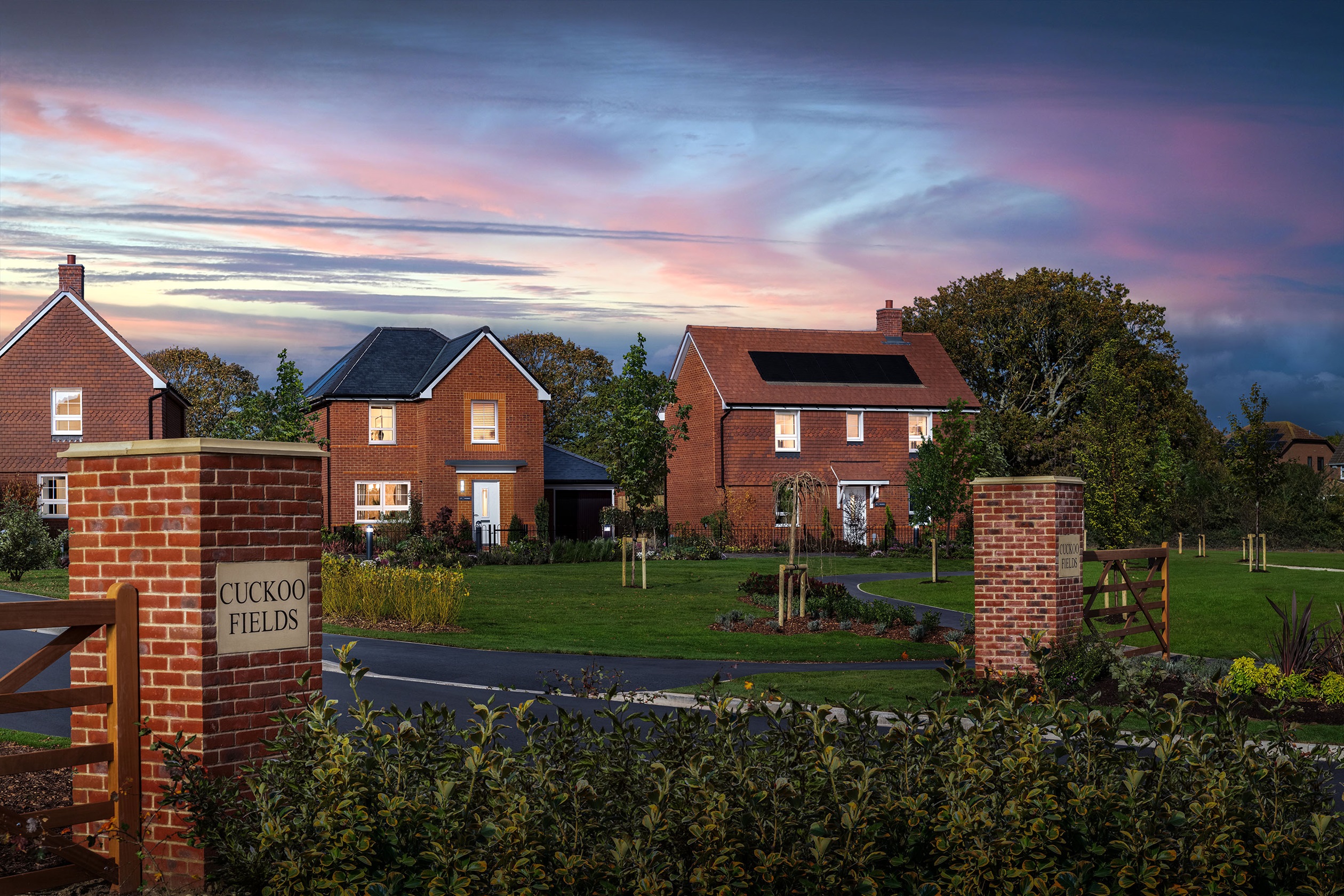Dusk street scene at Cuckoo Fields