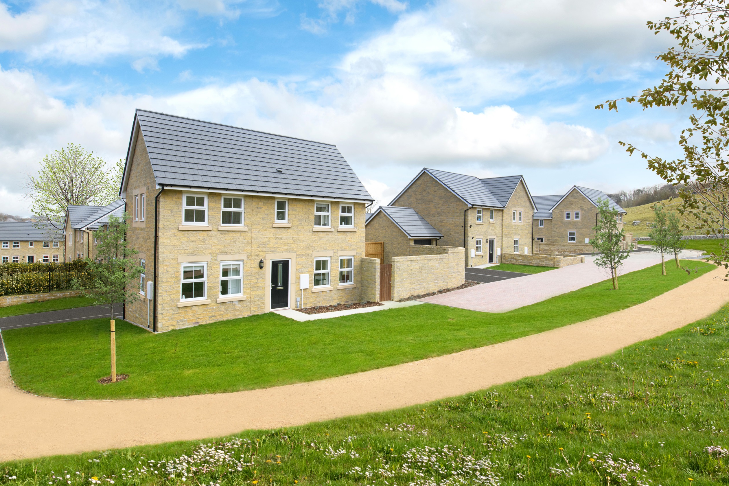 Typical Barratt homes stone effect street scene 