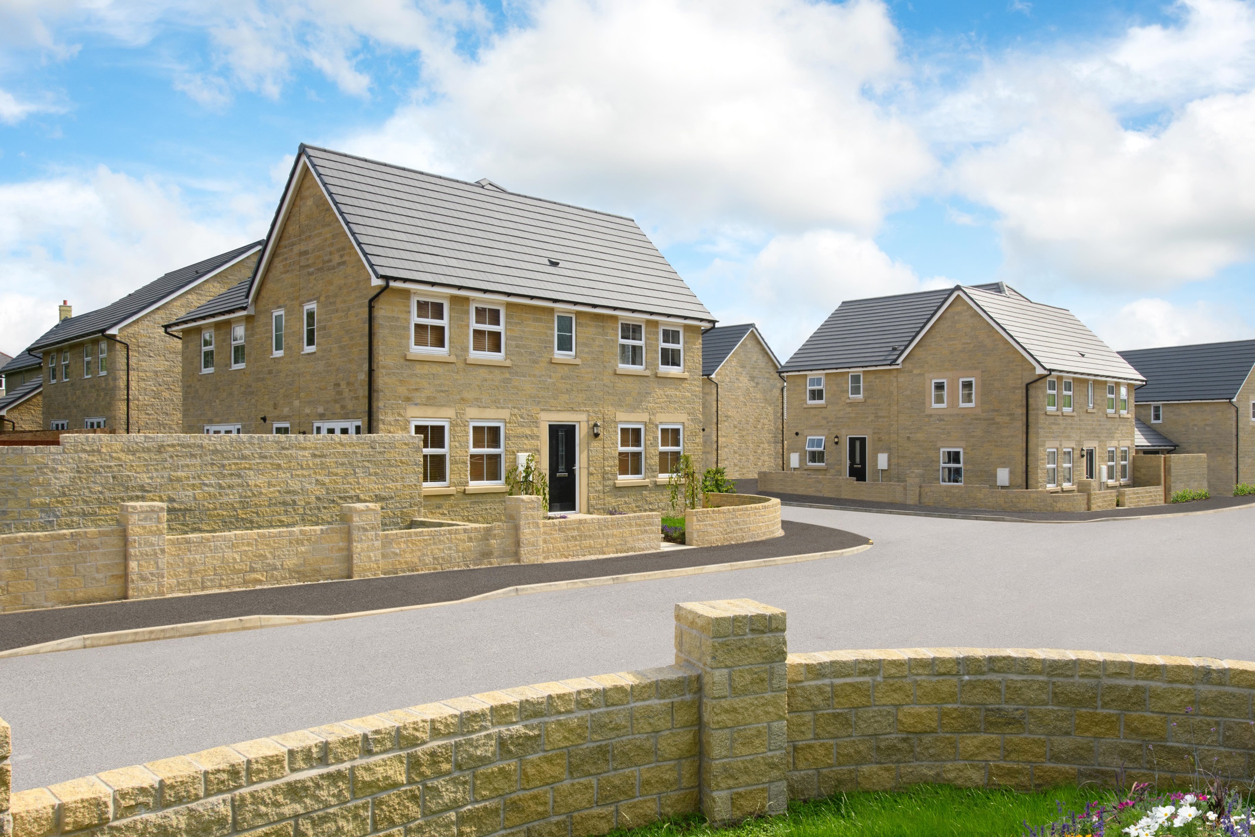 Typical Barratt homes stone effect street scene 