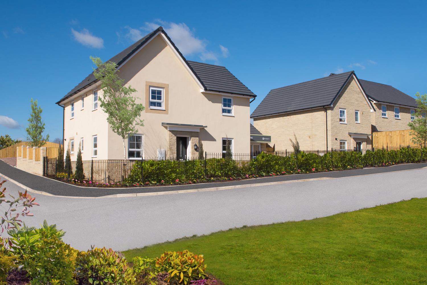 street view of two rendered 4 bedroom detached homes with green open space to front aspect 
