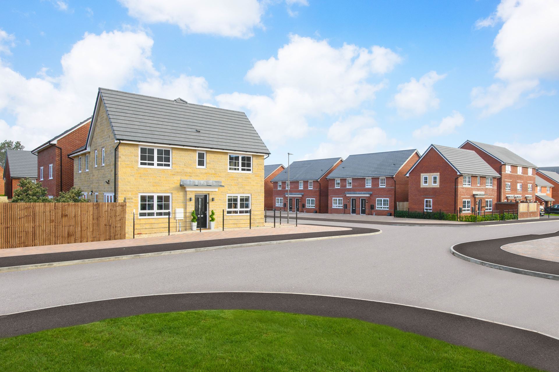 Street scene featuring Ennerdale and Maidstone housetypes with green open space to front aspect 