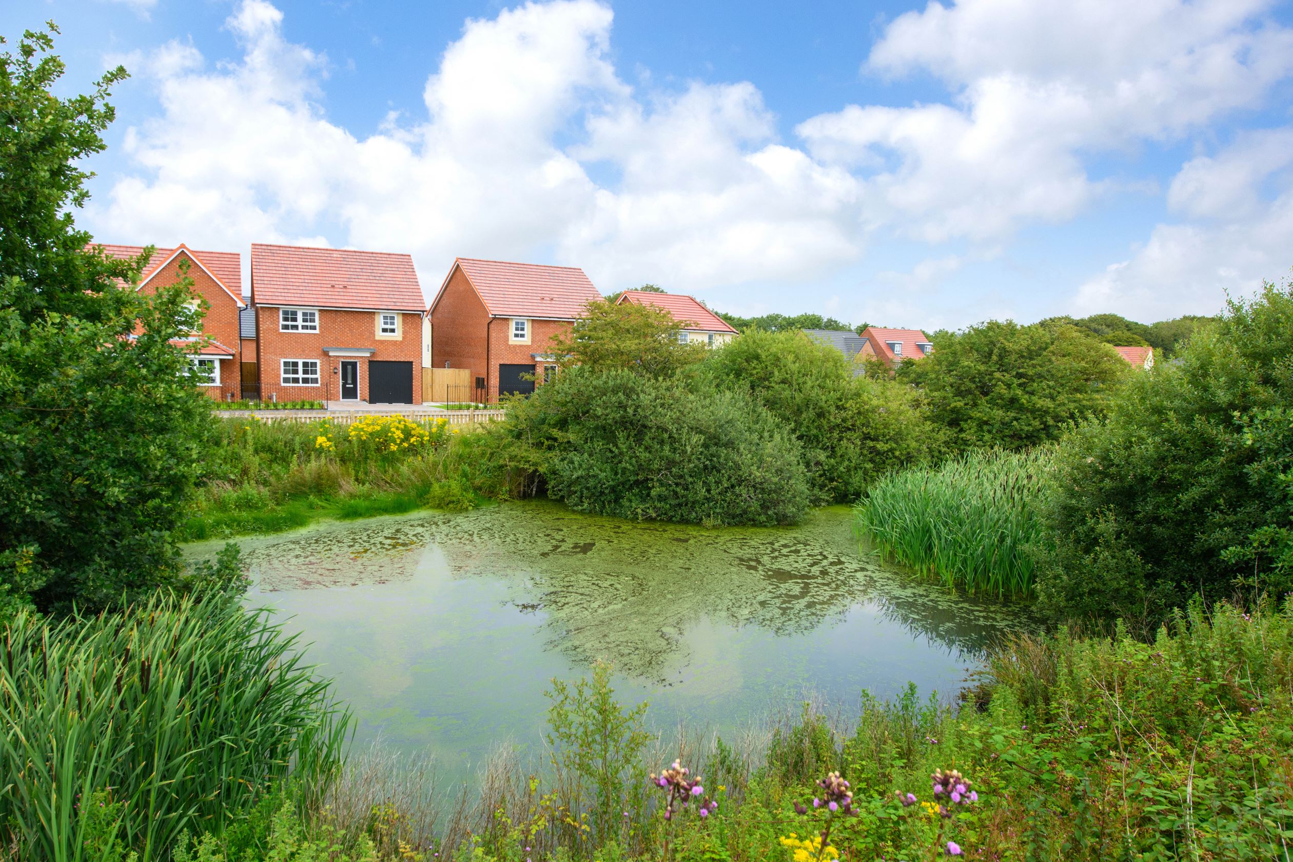windermere external view with scenery of green open space and pond to front aspect