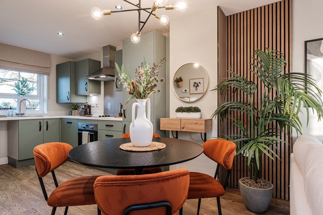 Interior view of the open plan kitchen & dining in our 2 bed Denford home