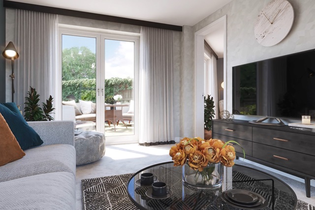 3 bedroom Lutterworth CGI living room with French doors