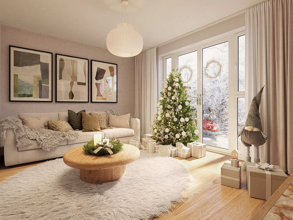 Internal CGI of the kingsville lounge at christmas - scandinavian scheme