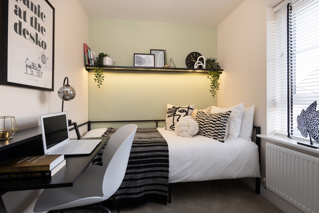 Internal shot of single bedroom in the kingsley show home