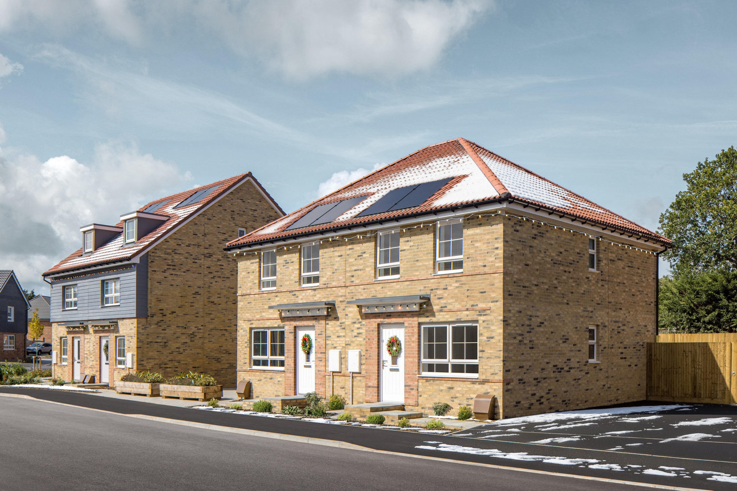 External street scene of pebble walk with snow