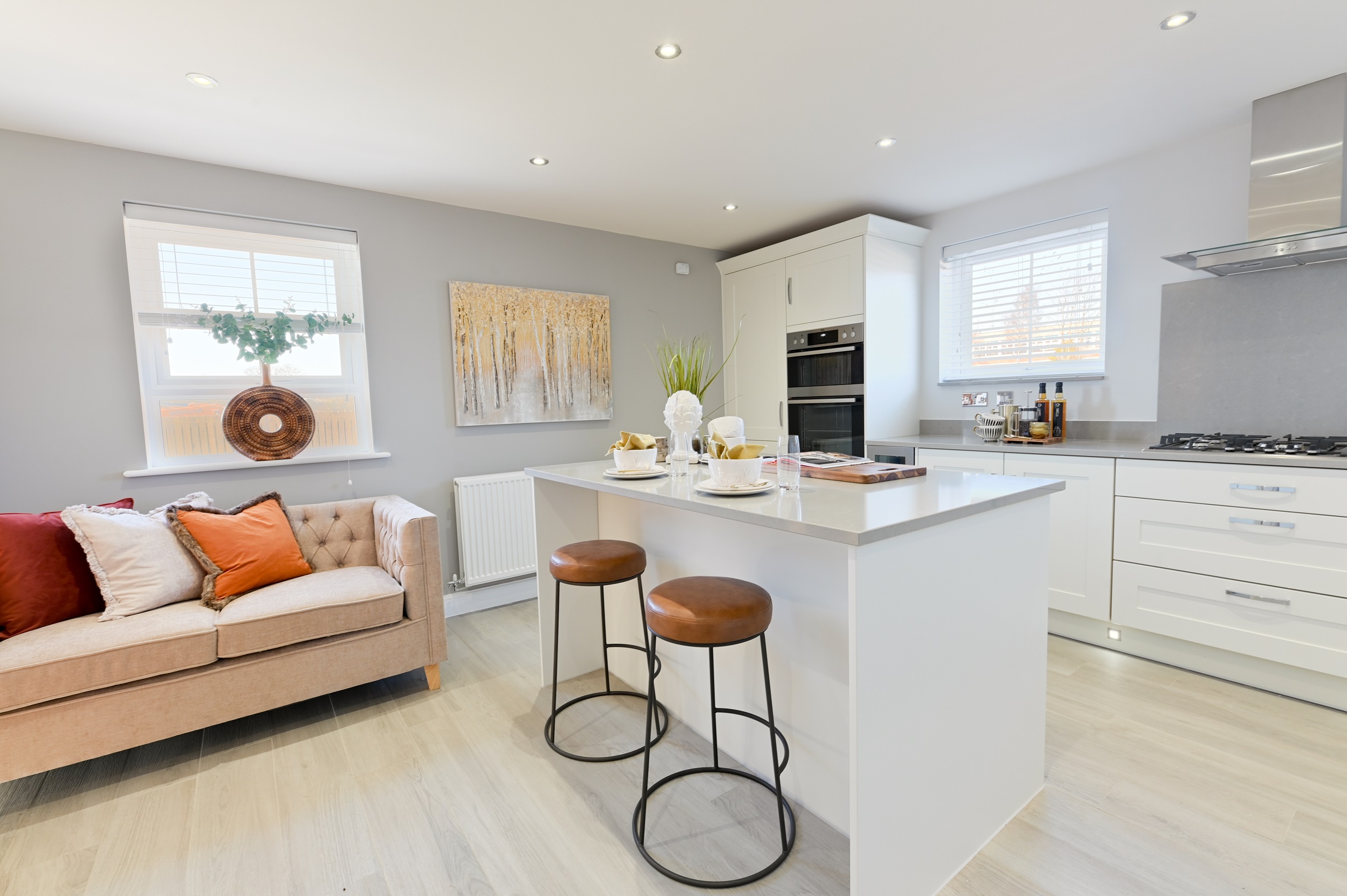 Barratt Alderney Show Home kitchen diner with island at Wigmore Park, New Waltham 