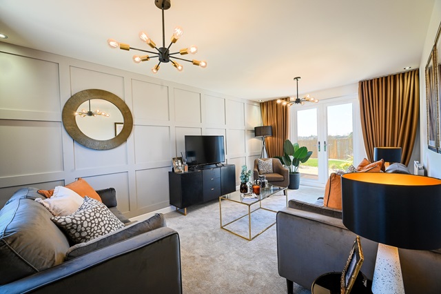 Barratt Alderney Show Home Lounge and French doors at Wigmore Park, New Waltham 