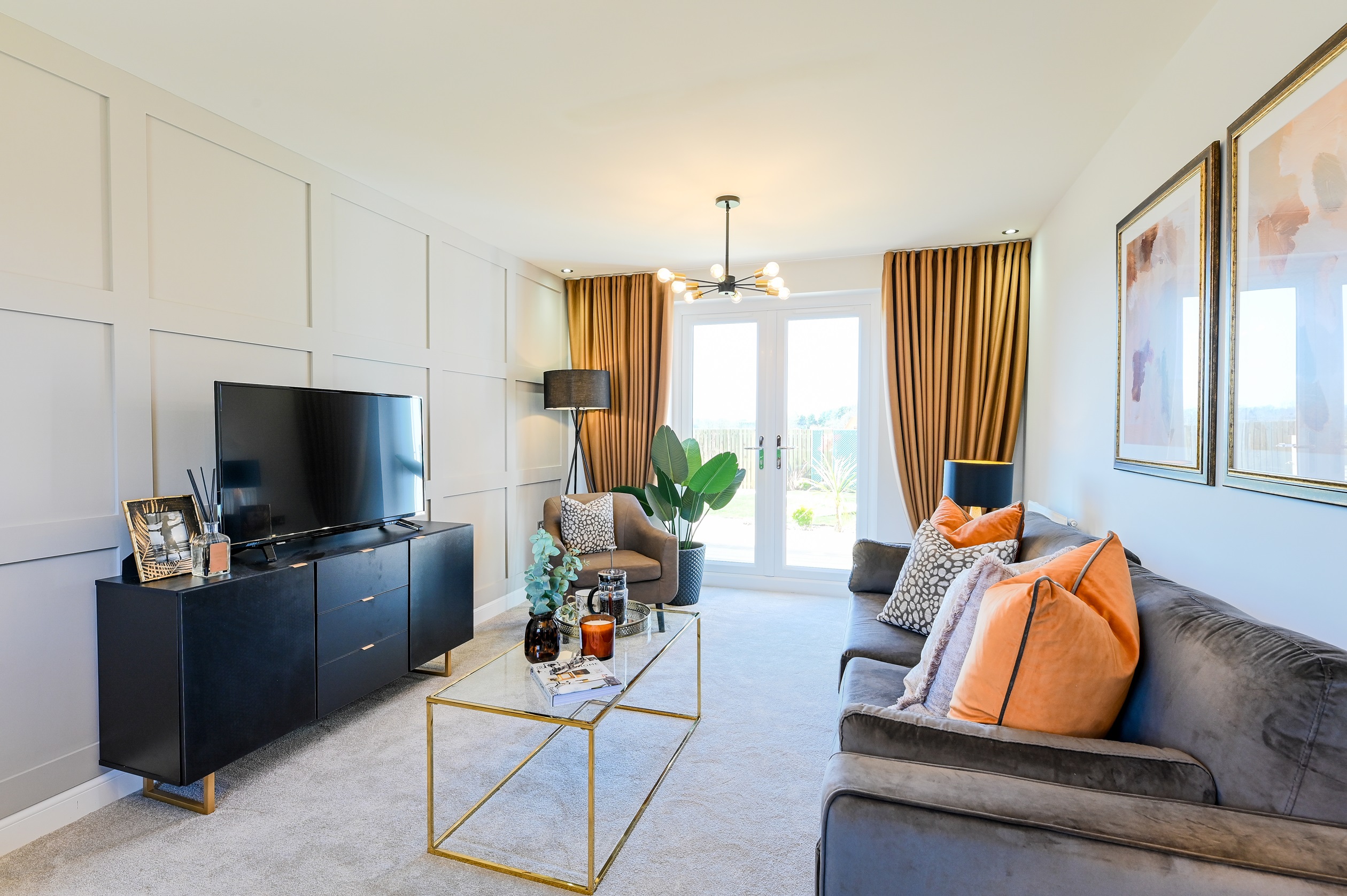 Barratt Alderney Show Home Lounge with paneling at Wigmore Park, New Waltham 