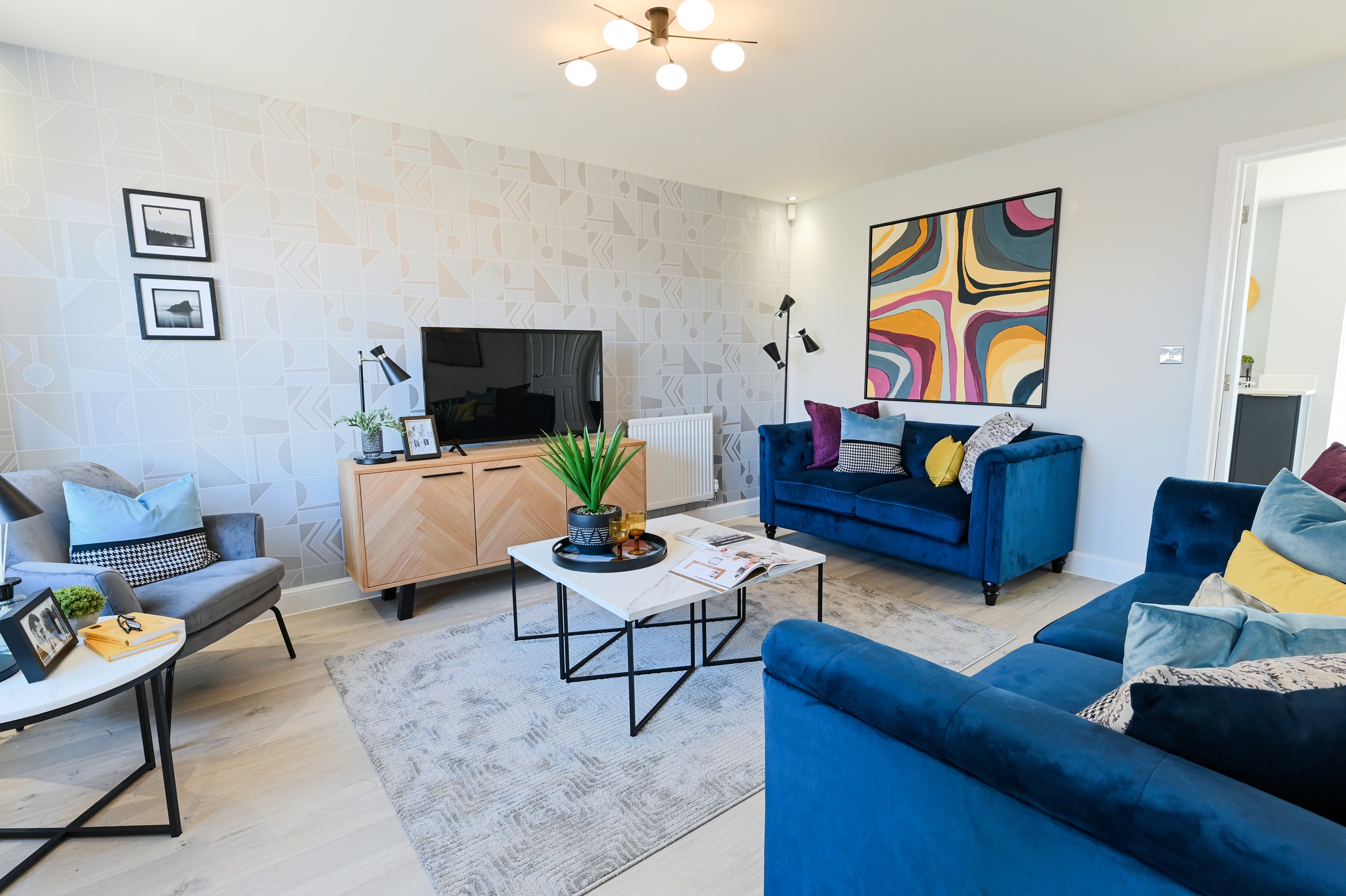 Barratt Windermere 4 bed Show Home in New Waltham, Wigmore Park Lounge Jewel colours