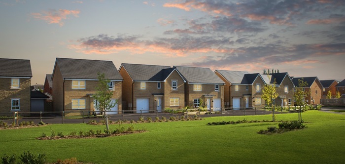 Street scene of Barratt homes at dusk