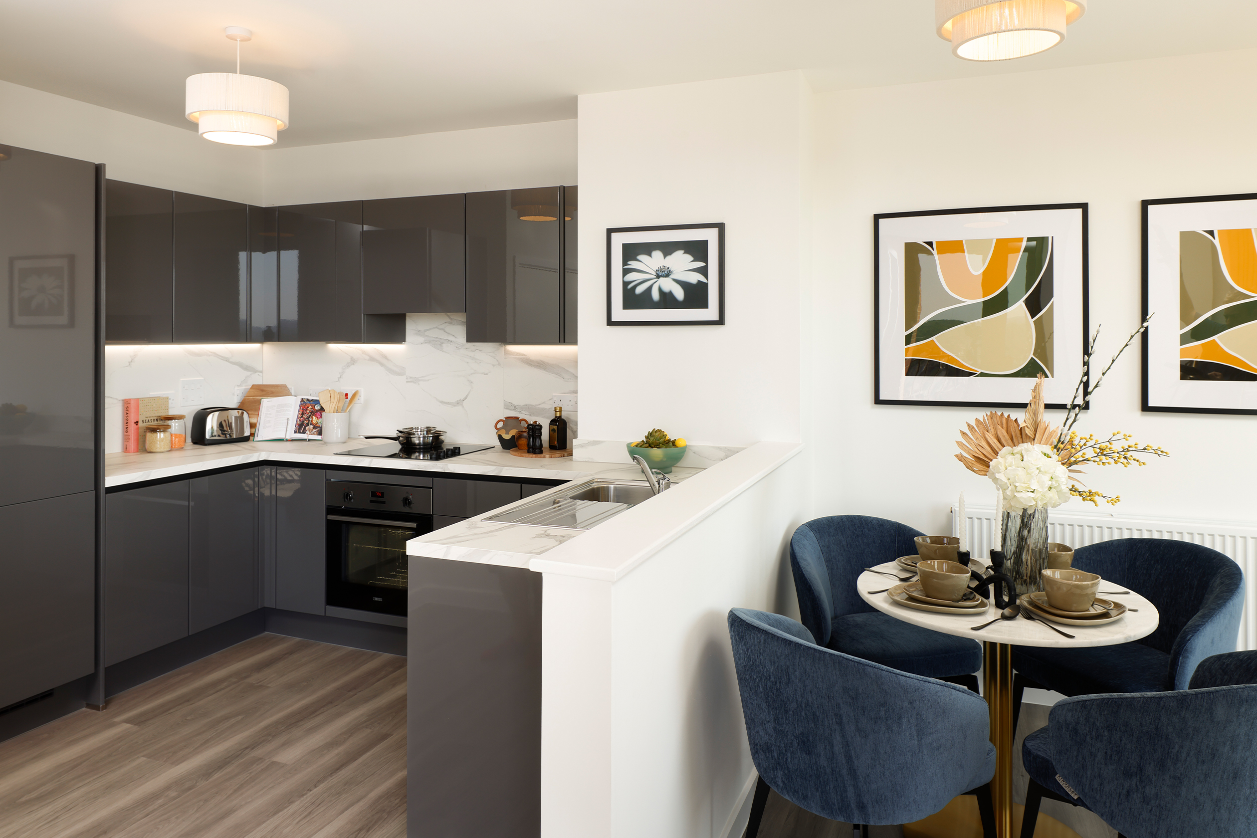 Photograph from dining area towards kitchen