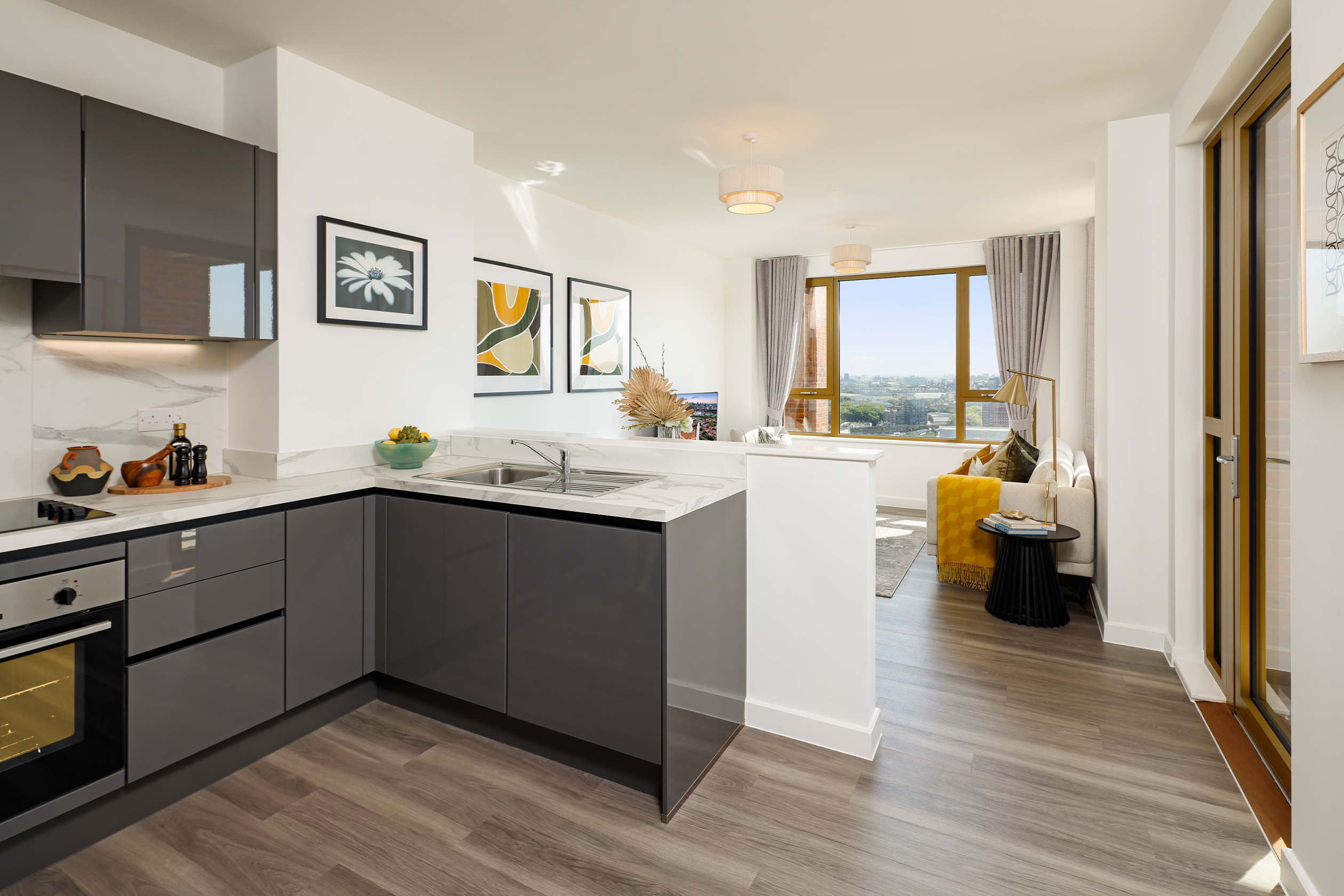 Photograph of kitchen looking into living area