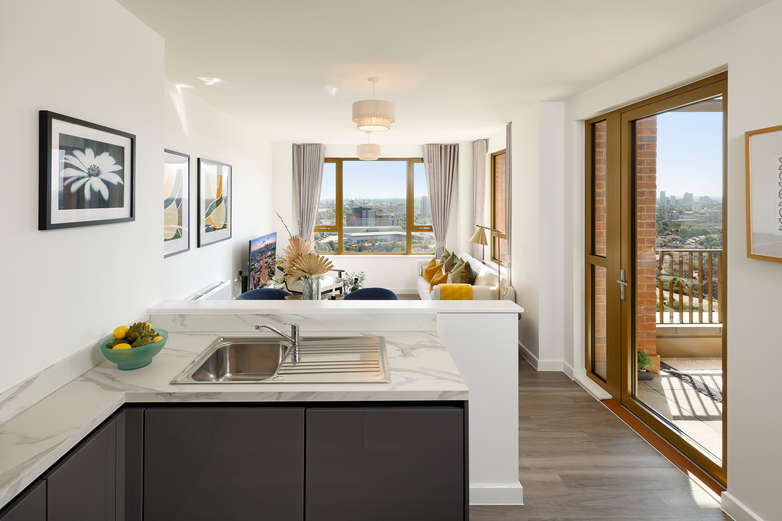 Photograph of kitchen looking into living area