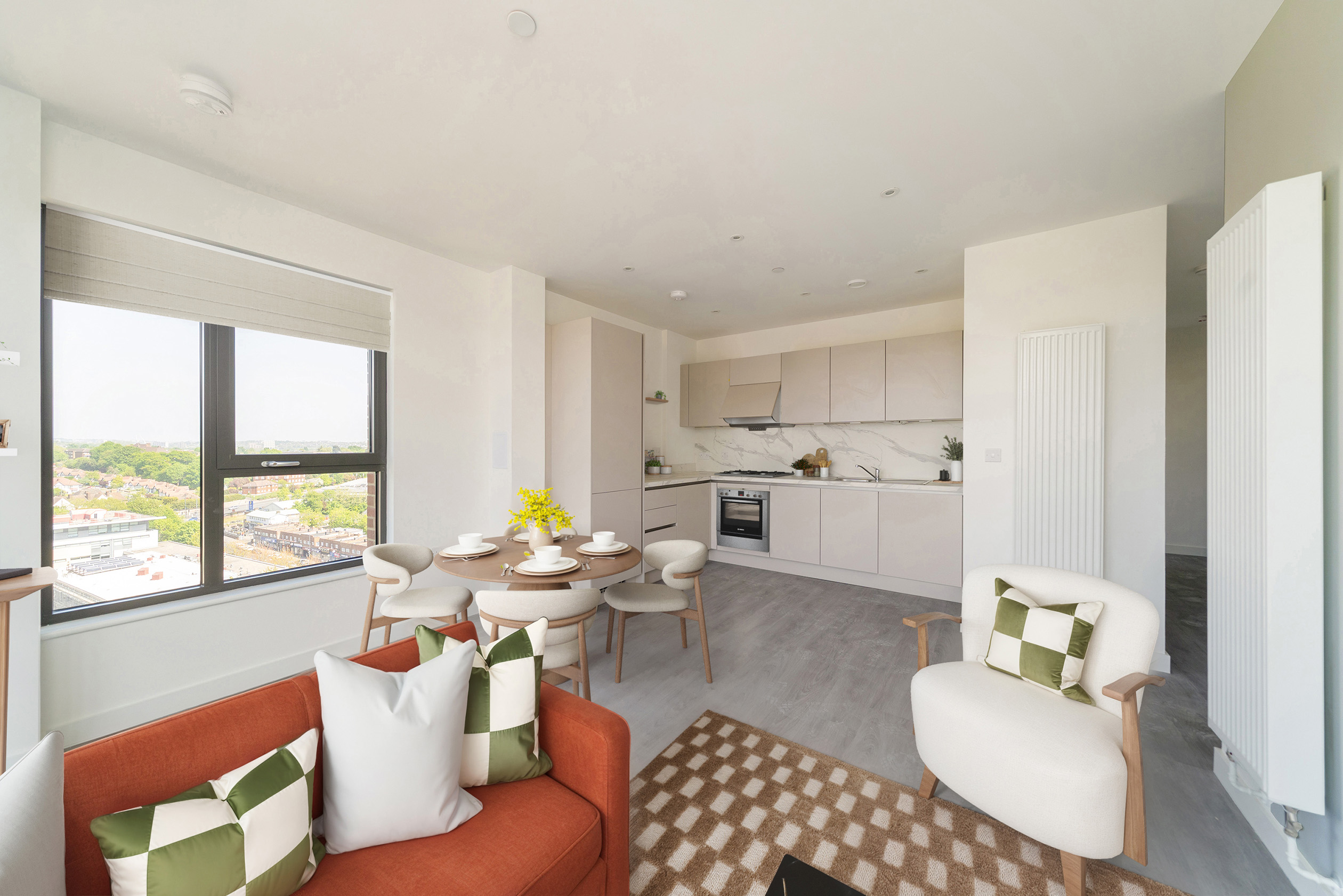 Pullman virtually staged living/ kitchen / dining