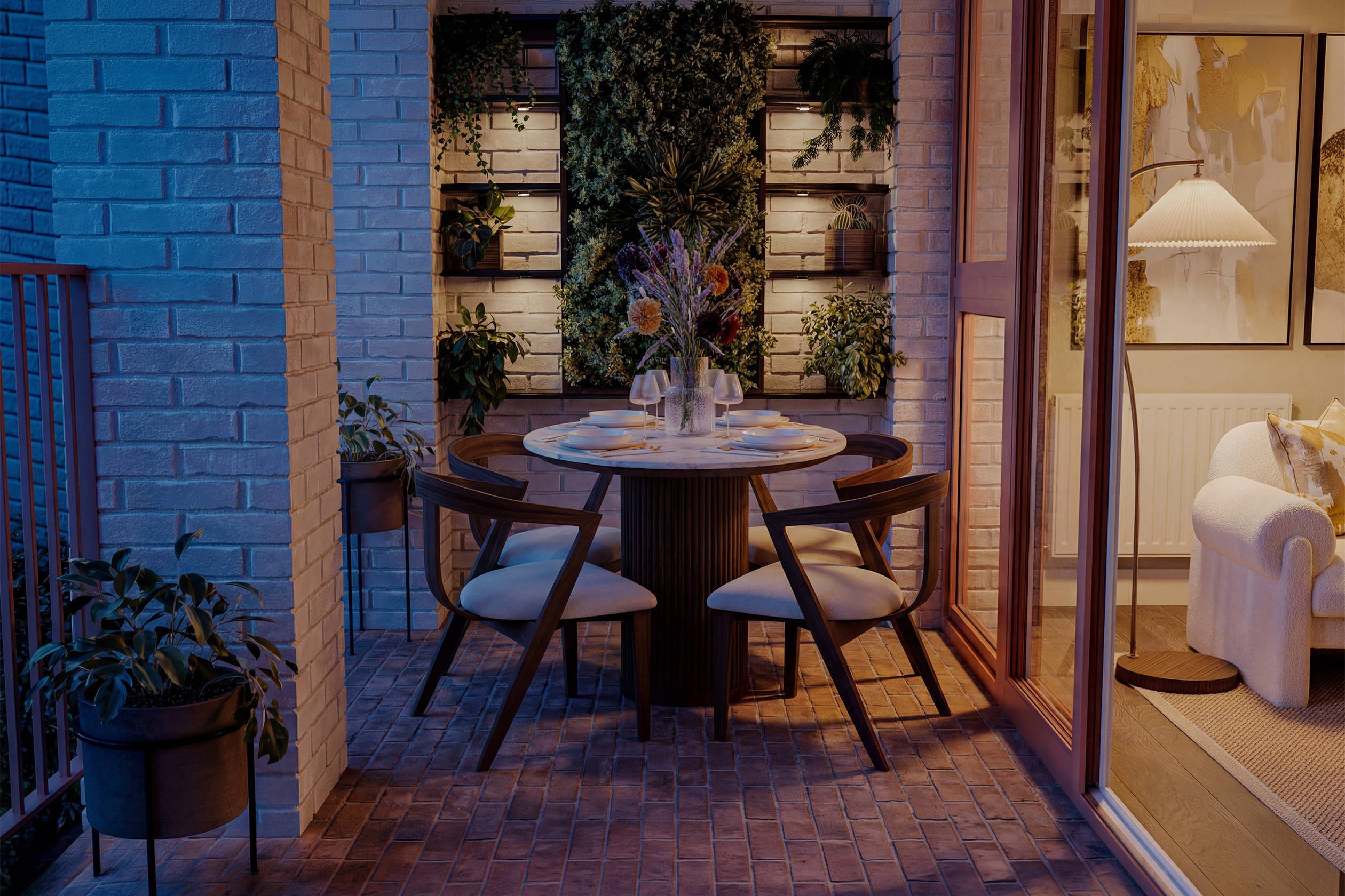 Sunset image of balcony next to lounge