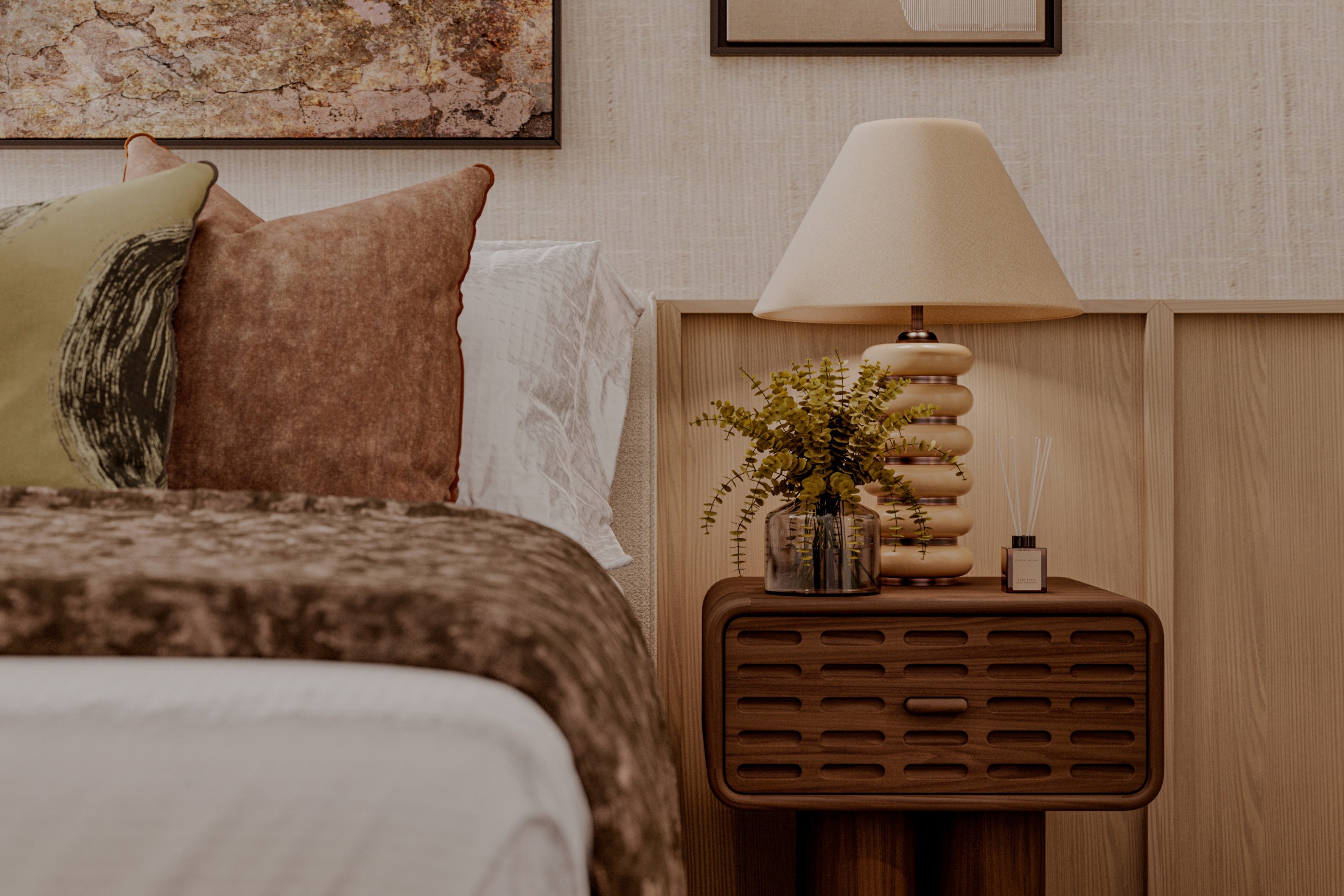 Close up of right side of bed