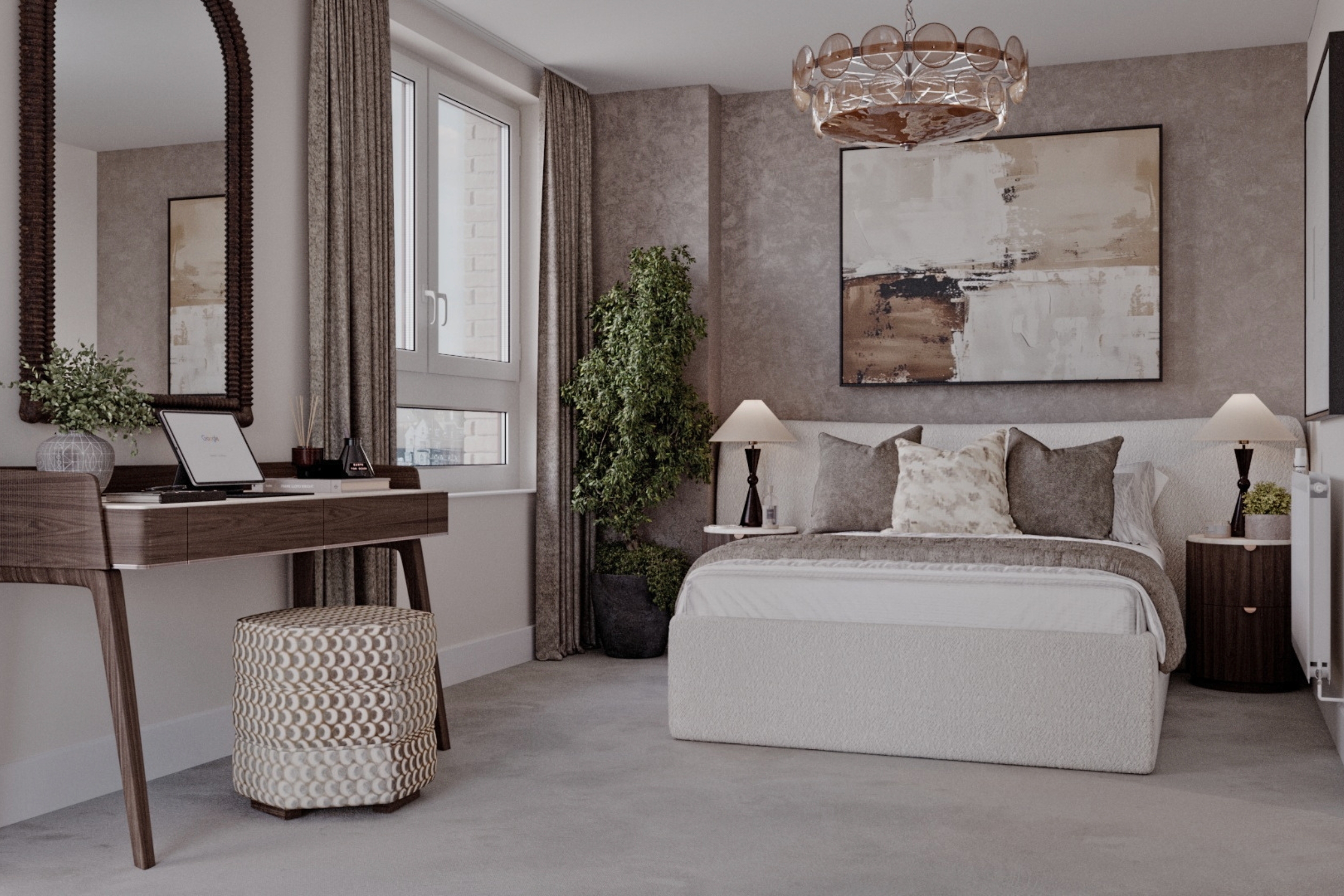 Wide angle of bedroom with study desk