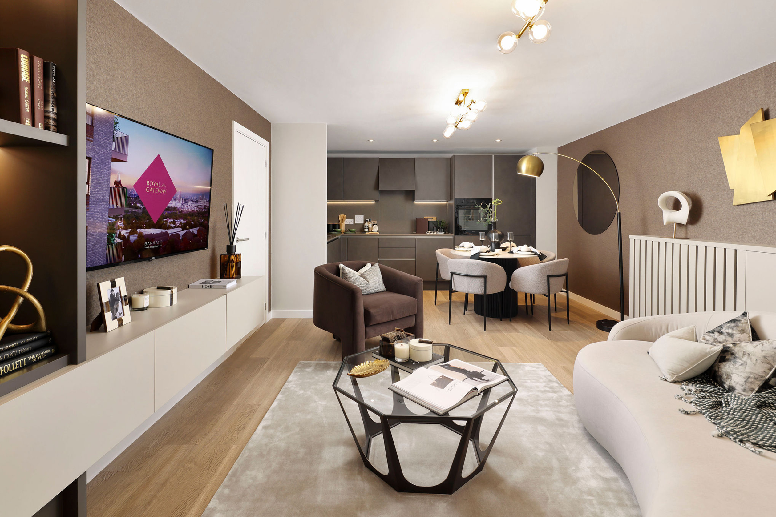 Royal Gateway - Shot of internal apartment showcasing the kitchen and dining area alongside the lounge