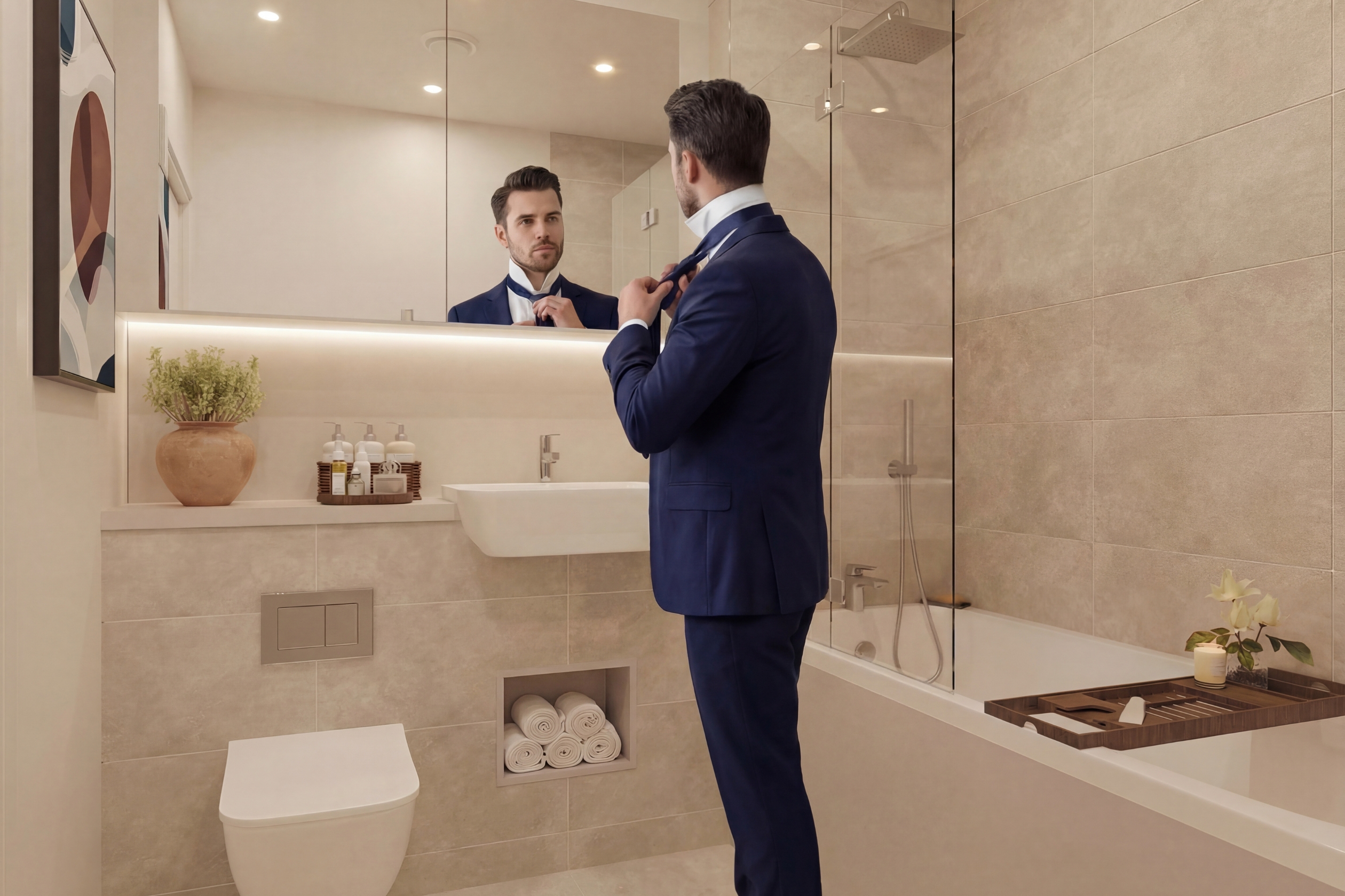 Man looking in bathroom mirror