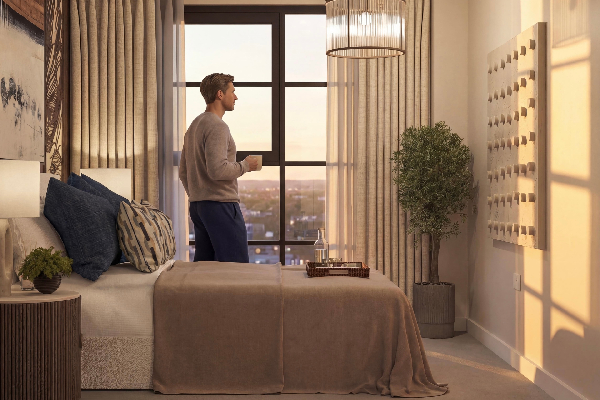 Man looking out of bedroom window