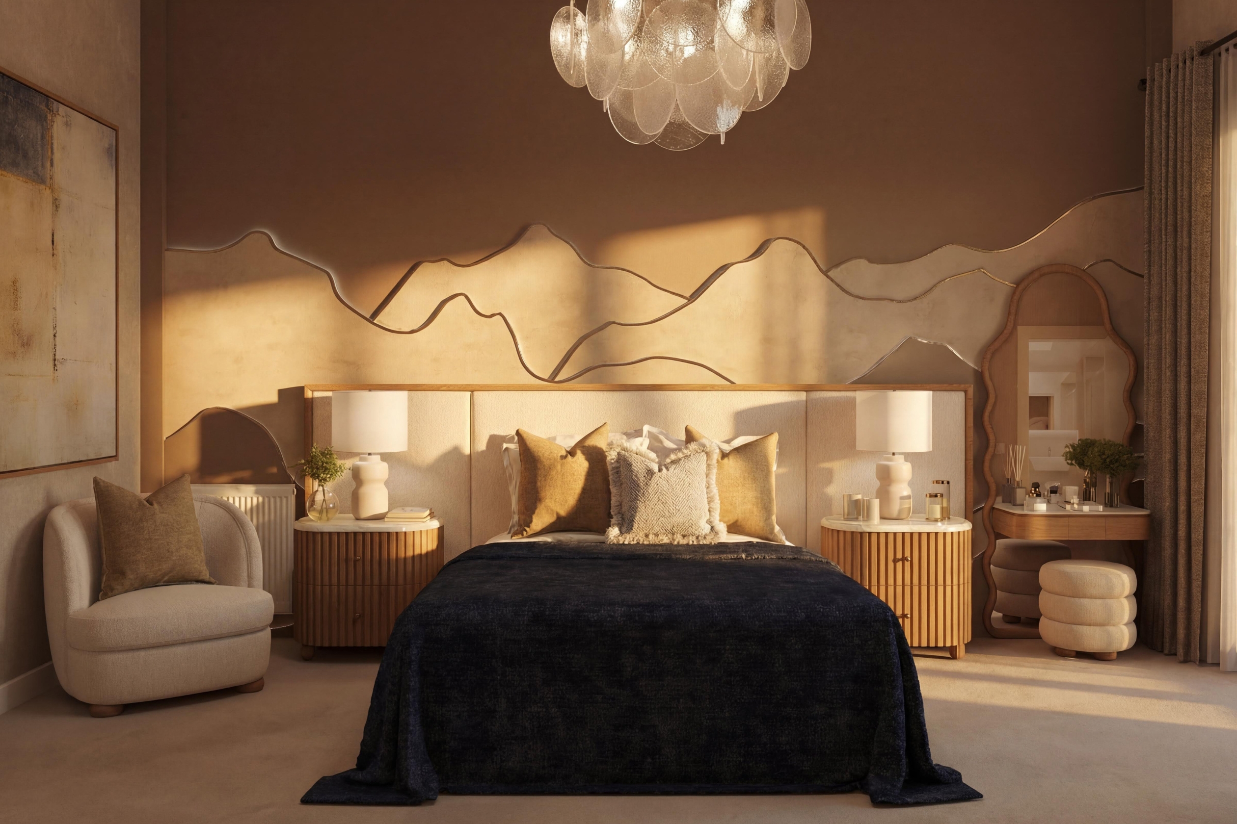 Central dusk shot of bedroom