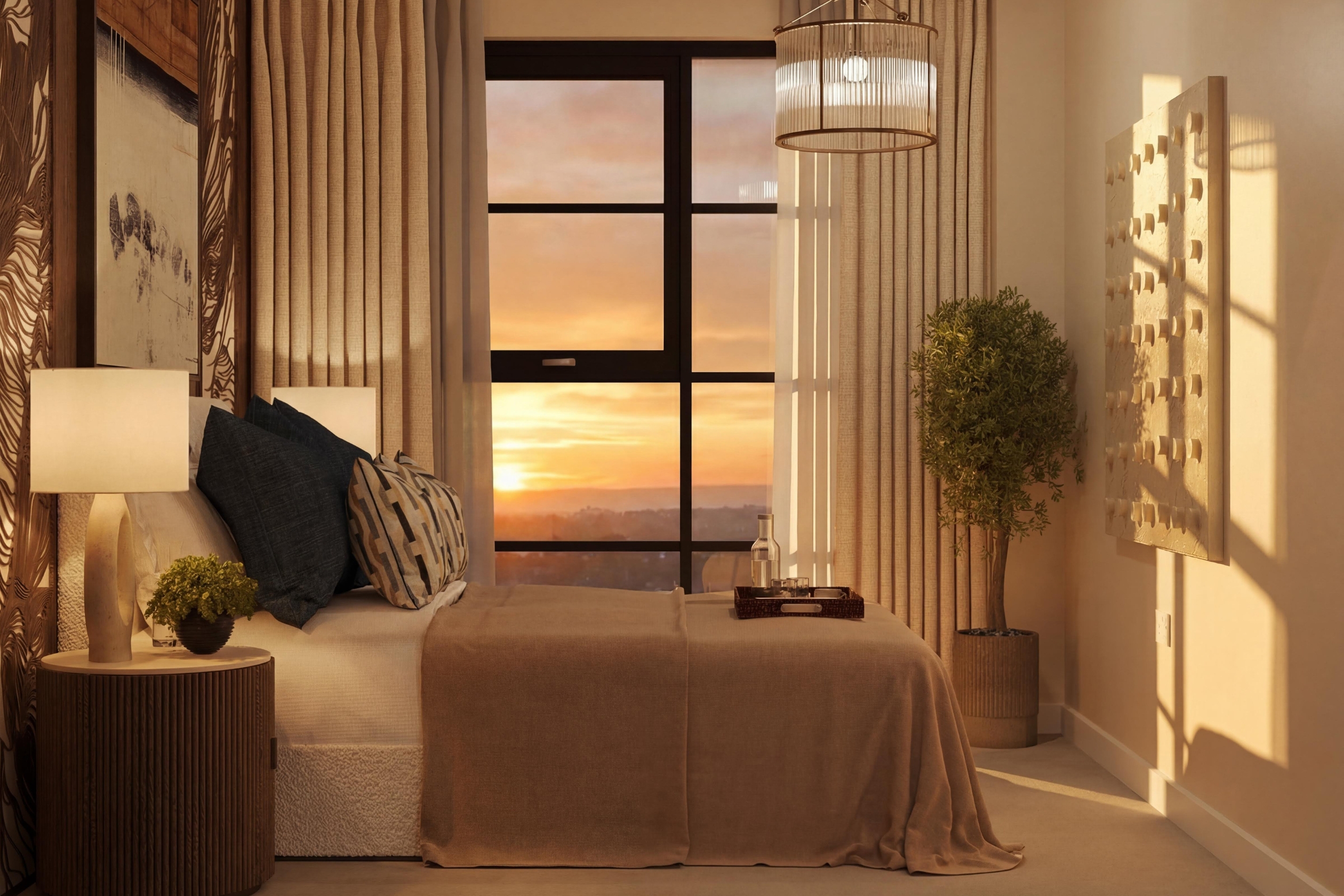 Dusk photo of bedroom with the sunset through the window