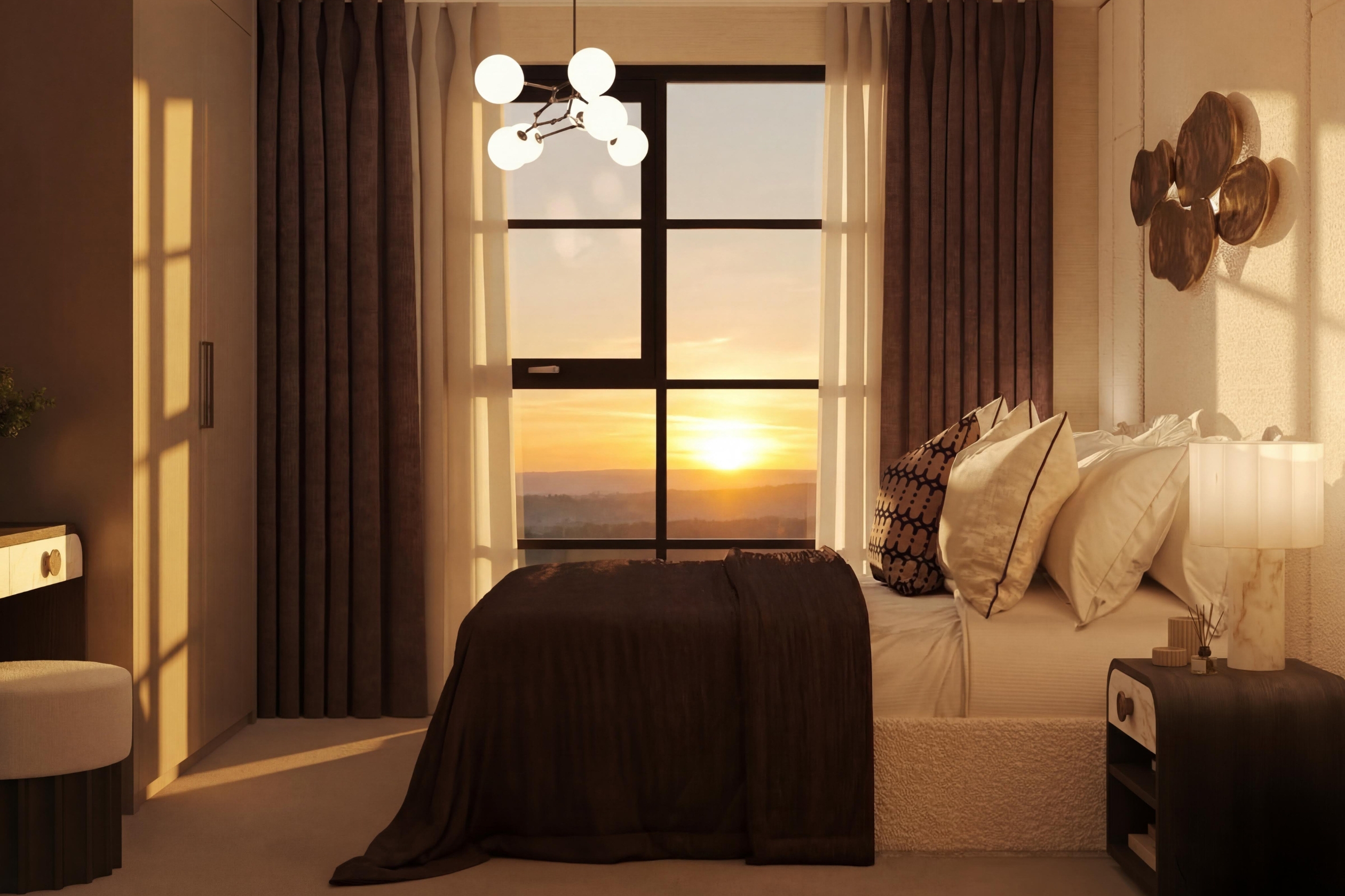 Dusk photo of bedroom with sunset through the window