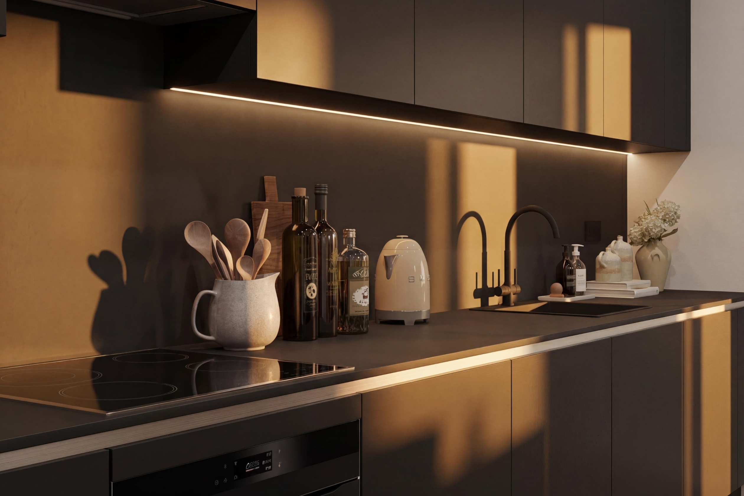 Dusk photo of kitchen counter with utensils on the side