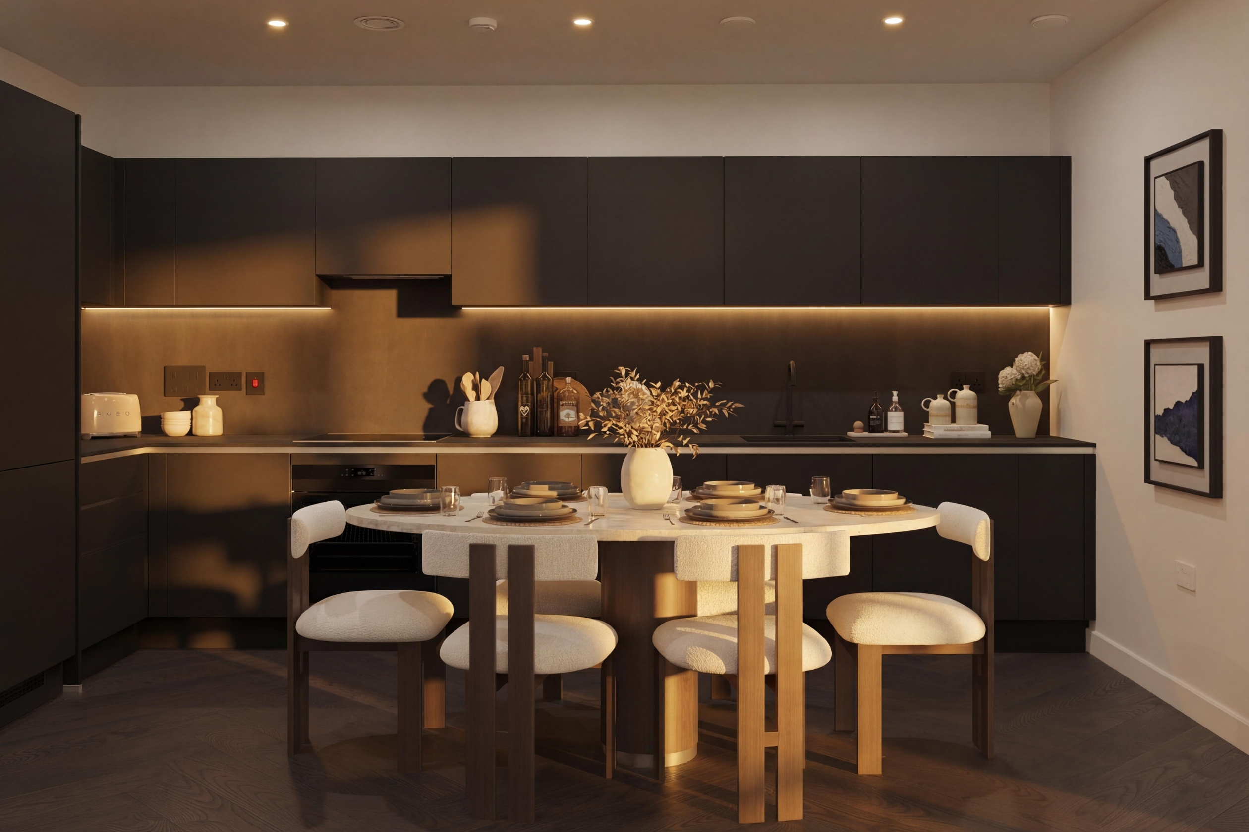 Dusk photo with kitchen in the background and a dining table with six chairs in the foreground