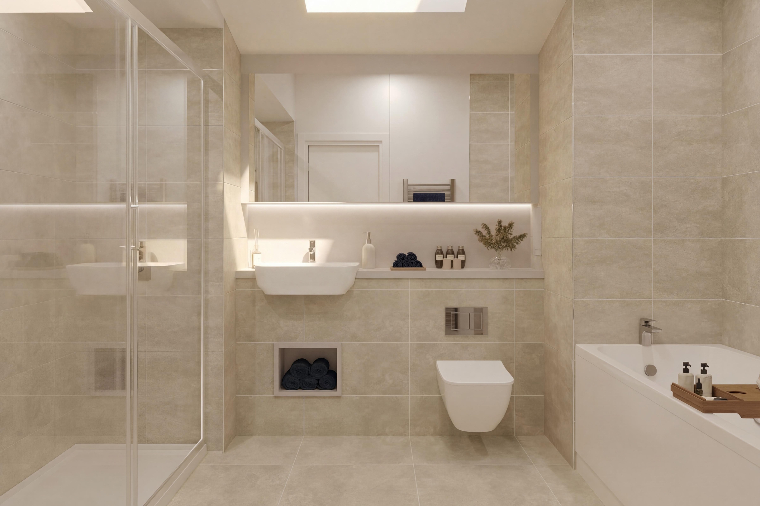 Bathroom image with shower on the left and bathtub on the right