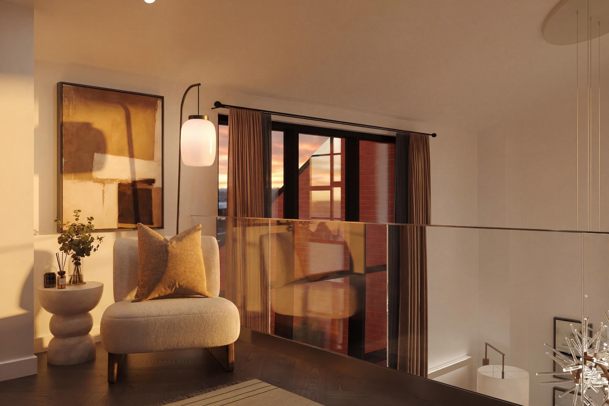 Dusk photo of the mezzanine level armchair