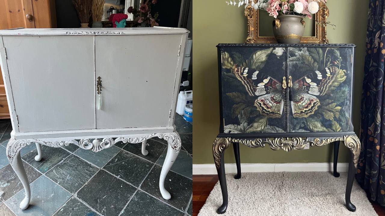 Before and after of an upcycled cabinet