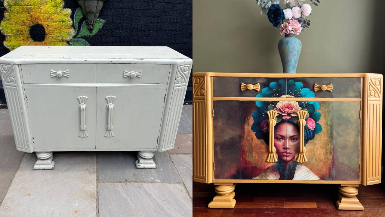 Before and after of an upcycled cabinet