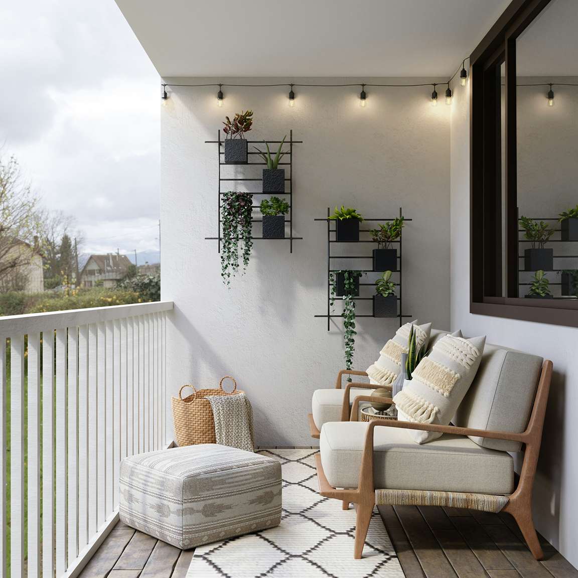chair on balcony with vertical planters and lights on walls